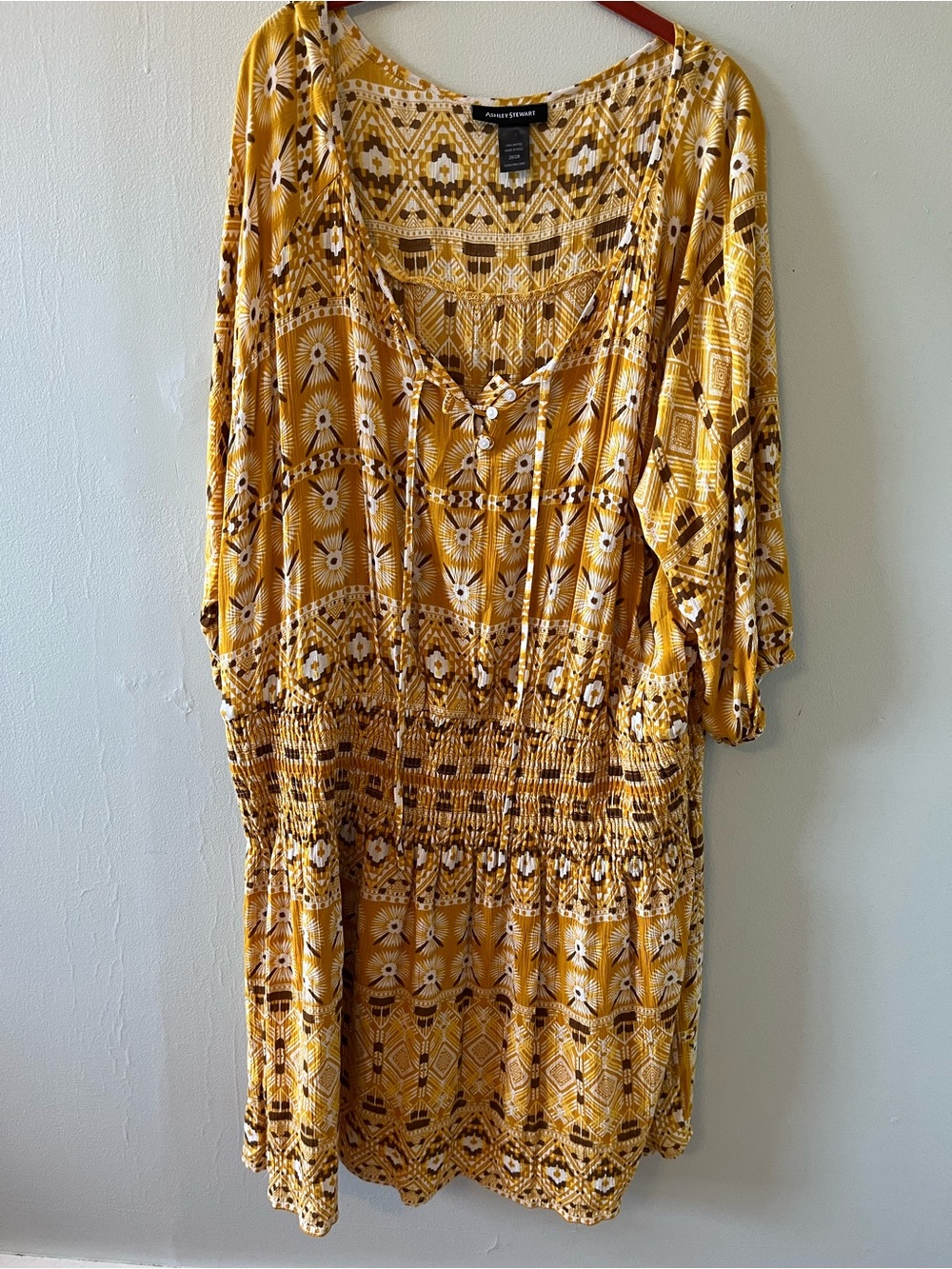 Ashley Stewart Yellow Geometric Print Smocked Mini Dress Boho chic. Size 26/28